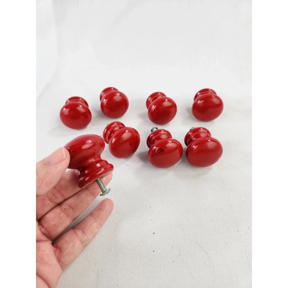 8 Wooden RED Drawer Pulls Dresser Drawer Cabinet Knobs Vintage Handle Painted